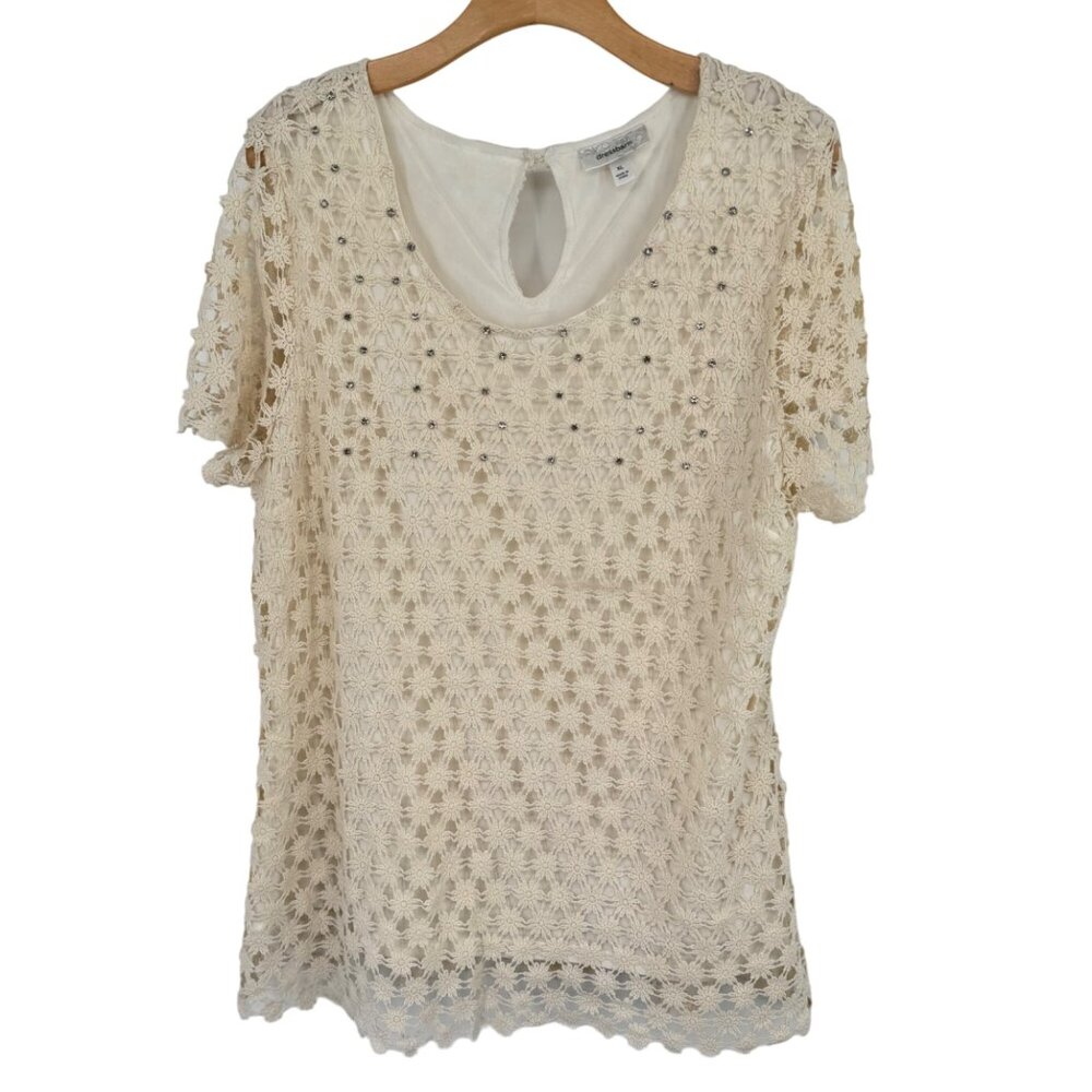 Dressbarn Women's size XL ivory Floral Lace Top  Rhinestone short sleeve - Picture 5 of 11